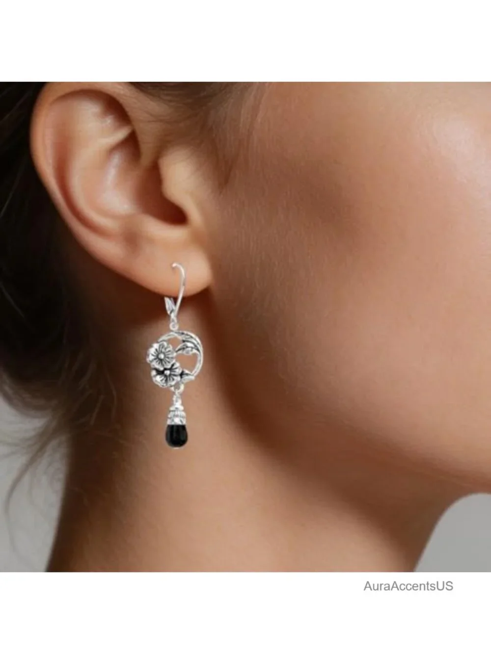 Natural Stone Drop Flower Earrings, Silver Plated Brass, French Leverback